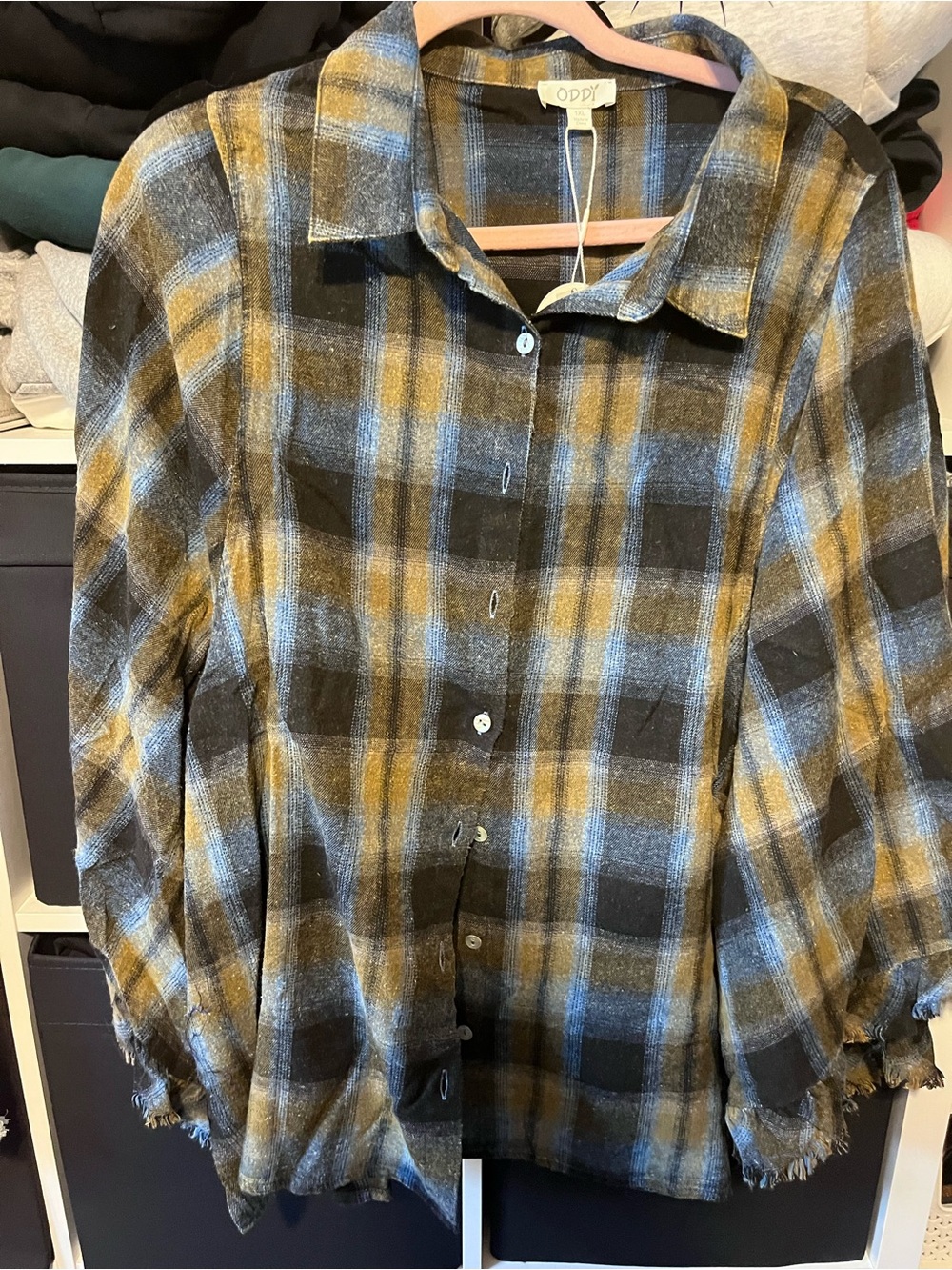 ODDY Women's Plaid Button-Down Shirt in Mustard, Blue & Black